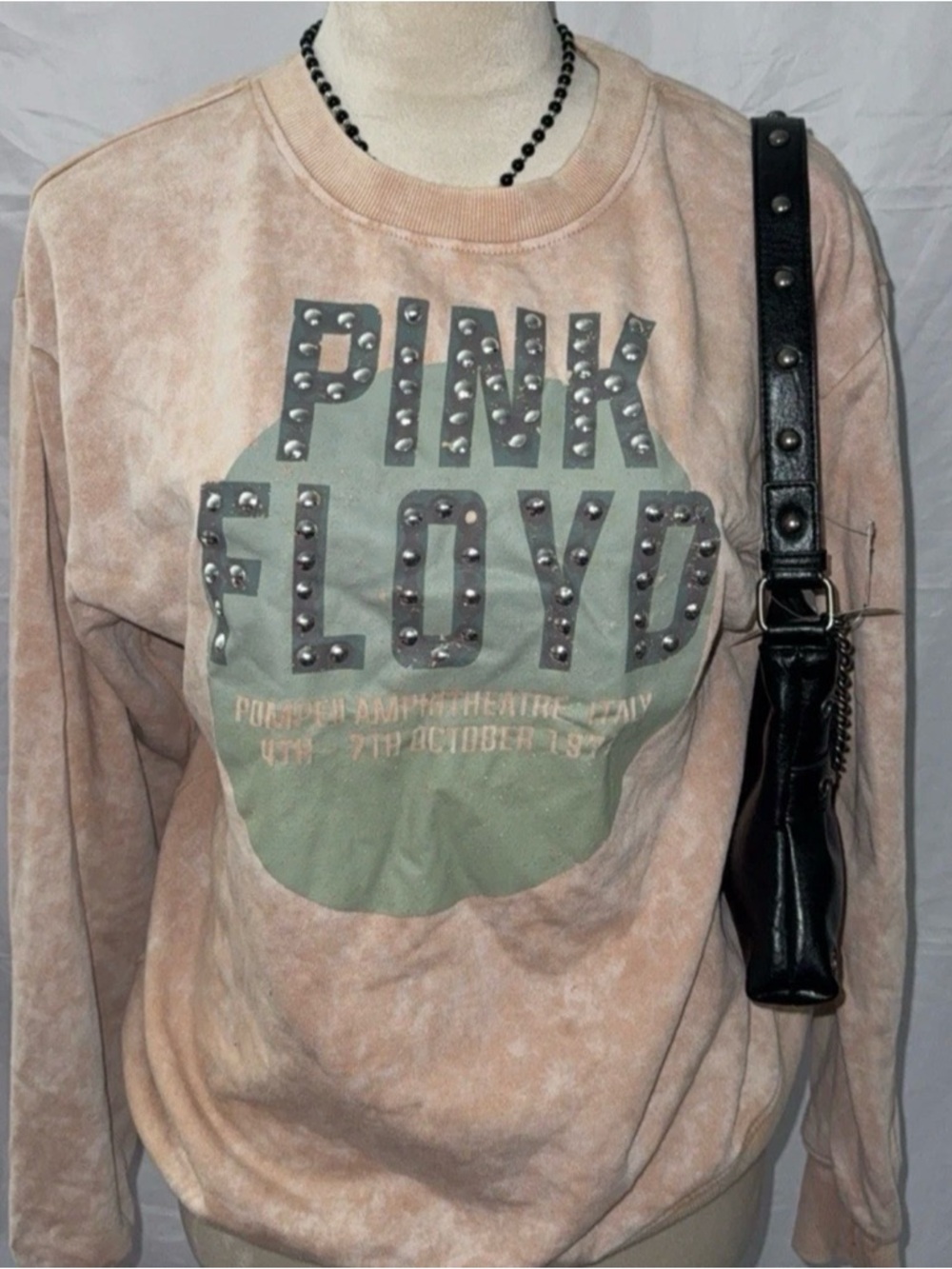 Pink Floyd Beige Tie-Dye Sweatshirt with Green Graphic and Studs